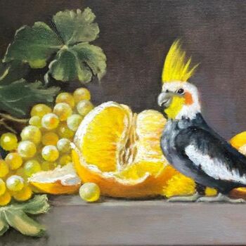 Картина под названием "Натюрморт с попугаем" - Татьяна Рыкова (Rosa), Подлинное произведение искусства, Масло