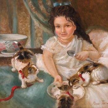 Картина под названием "Девочка с котятами" - Татьяна Рыкова (Rosa), Подлинное произведение искусства, Масло