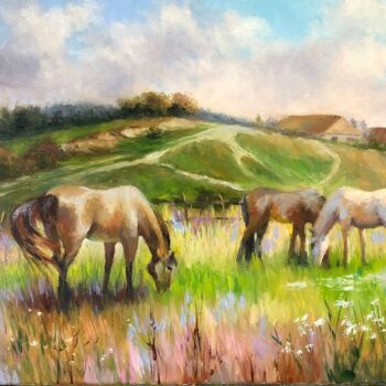 Painting titled "лошади на лугу" by Tatiana Rykova (Rosa), Original Artwork, Oil