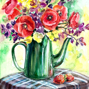 Malerei mit dem Titel "Poppies Painting Fl…" von Tatyana Ustyantseva, Original-Kunstwerk, Aquarell