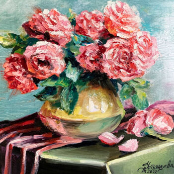 Malarstwo zatytułowany „red roses oil paint…” autorstwa Tatyana Ustyantseva, Oryginalna praca, Olej