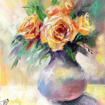 Malarstwo zatytułowany „roses in a vase oil…” autorstwa Tatyana Ustyantseva, Oryginalna praca, Olej