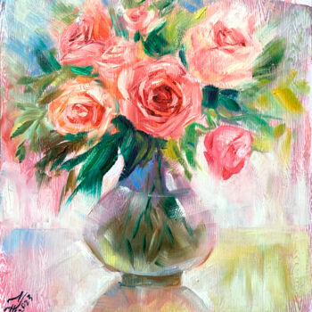 Malarstwo zatytułowany „Roses in a vase” autorstwa Tatyana Ustyantseva, Oryginalna praca, Olej