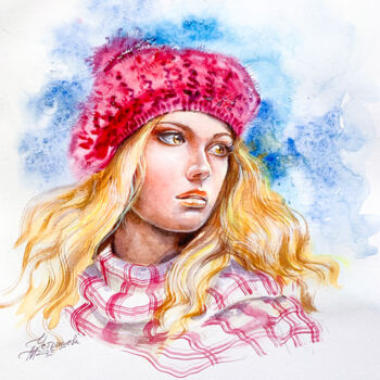 Malerei mit dem Titel "Portrait girl origi…" von Tatyana Ustyantseva, Original-Kunstwerk, Aquarell