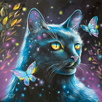Картина под названием "Black Cat and butte…" - Tatyana Ustyantseva, Подлинное произведение искусства, Масло