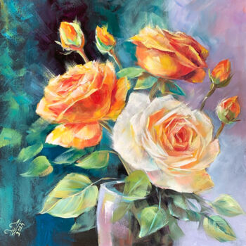 Ζωγραφική με τίτλο "Exquisite Roses" από Tatyana Ustyantseva, Αυθεντικά έργα τέχνης, Λάδι