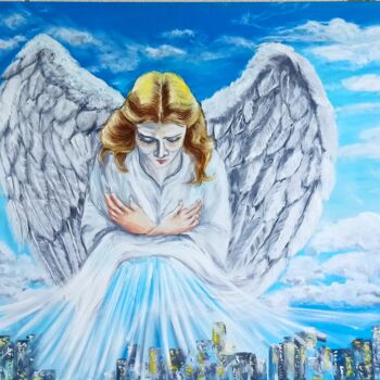 Painting titled "Angel over the city" by Tatiana Brester, Original Artwork, Oil Mounted on Wood Stretcher frame