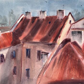 Malerei mit dem Titel "Sunny roofs, Prague" von Tatiana Bykova, Original-Kunstwerk, Aquarell