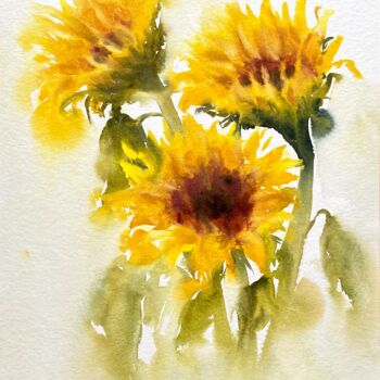 Painting titled "Sunflower symphony" by Tatiana Bykova, Original Artwork, Watercolor