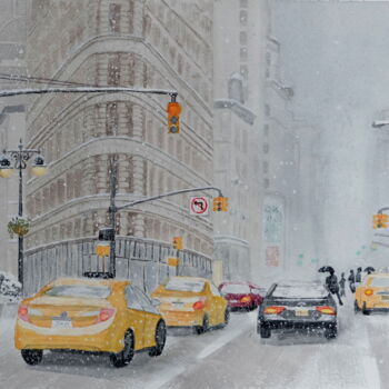 Peinture intitulée "Snow in New York" par Tatiana Chernetsova, Œuvre d'art originale, Aquarelle
