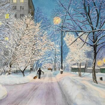 Schilderij getiteld "Winter evening in t…" door Tatiana Chernetsova, Origineel Kunstwerk, Aquarel