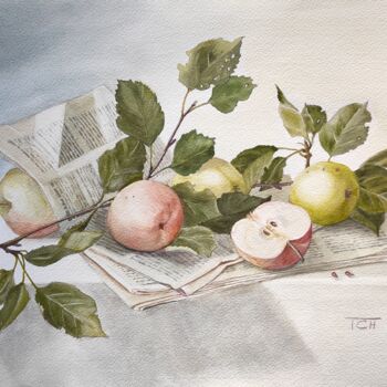 Peinture intitulée "Яблоки на газете" par Tatiana Chernetsova, Œuvre d'art originale, Aquarelle