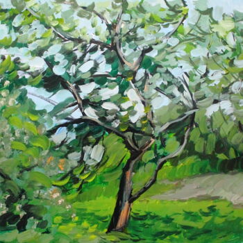 Картина под названием "Яблоня на ветру" - Татьяна Фëдорова, Подлинное произведение искусства, Масло