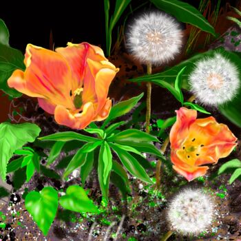 Digitale Kunst mit dem Titel "Tulips and Dandelio…" von Tatiana Gregson, Original-Kunstwerk, Digitale Malerei