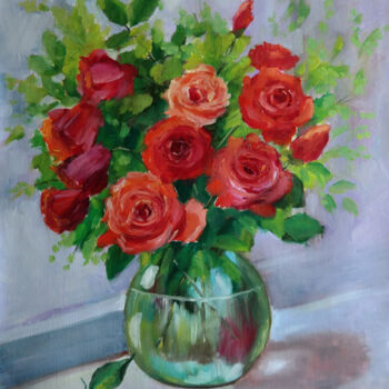 Schilderij getiteld "Red roses" door Tatiana Karchevskaya, Origineel Kunstwerk, Olie