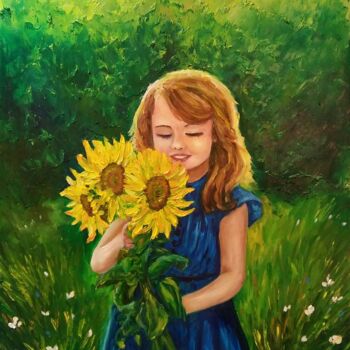 Painting titled "Girl with sunflower…" by Tatiana Krilova, Original Artwork, Oil