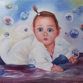 Schilderij getiteld "Girl with soap bubb…" door Tatiana Krilova, Origineel Kunstwerk, Olie