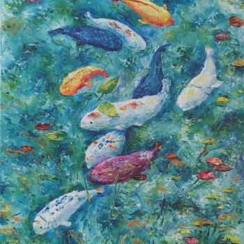 Painting titled "Fishes in the lake.…" by Tatiana Krilova, Original Artwork, Oil