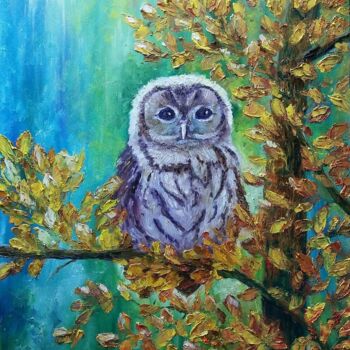 Painting titled "Owl on a tree. Oil…" by Tatiana Krilova, Original Artwork, Oil