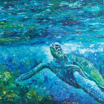 Painting titled "Turtle under water…" by Tatiana Krilova, Original Artwork, Oil