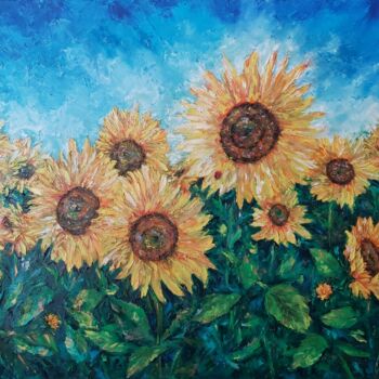 Pintura intitulada "Yellow flowers Sunf…" por Tatiana Krilova, Obras de arte originais, Óleo