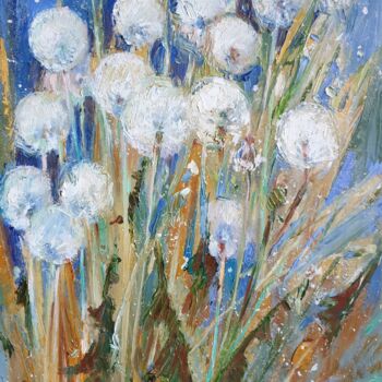 Painting titled "Dandelions 2 - knif…" by Tatiana Lapina, Original Artwork, Oil Mounted on Cardboard