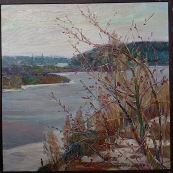 Painting titled "Spring river Volga" by Tatiana Lapina, Original Artwork, Oil