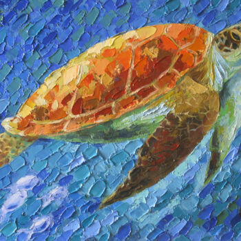 Картина под названием "Sea Turtle Painting…" - Tatiana Matveeva, Подлинное произведение искусства, Масло Установлен на Дерев…