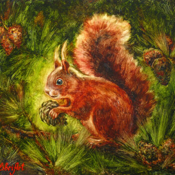 Painting titled "Squirrel Painting A…" by Tatiana Matveeva, Original Artwork, Oil Mounted on Wood Stretcher frame