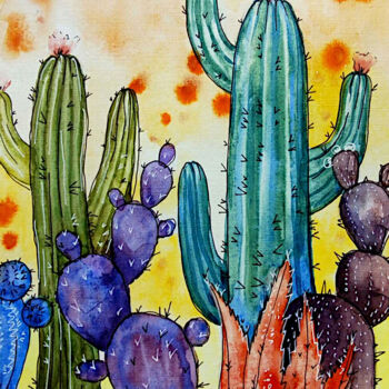 Painting titled "Cactus Painting Des…" by Tatiana Matveeva, Original Artwork, Watercolor