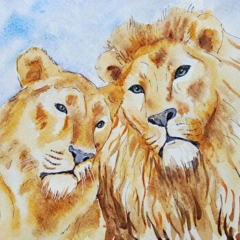 Painting titled "Lion Painting Love…" by Tatiana Matveeva, Original Artwork, Watercolor