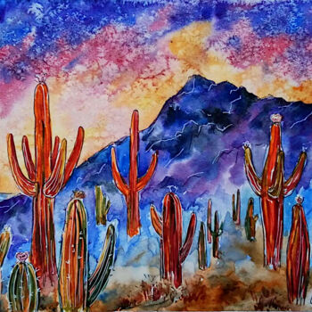 Malerei mit dem Titel "Desert Painting Cac…" von Tatiana Matveeva, Original-Kunstwerk, Aquarell