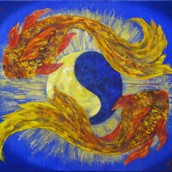 Painting titled "Koi Fish Painting Y…" by Tatiana Matveeva, Original Artwork, Oil Mounted on Wood Stretcher frame