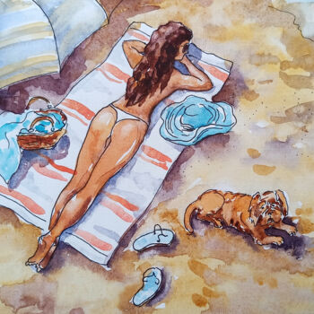 Painting titled "Beach Painting Nude…" by Tatiana Matveeva, Original Artwork, Watercolor