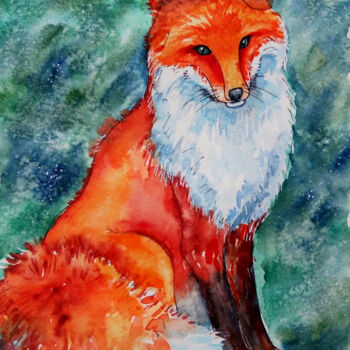 Schilderij getiteld "Fox Painting Animal…" door Tatiana Matveeva, Origineel Kunstwerk, Aquarel