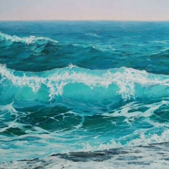 Painting titled "Waves. Sea." by Tatiana Pavlova, Original Artwork, Oil Mounted on Wood Stretcher frame