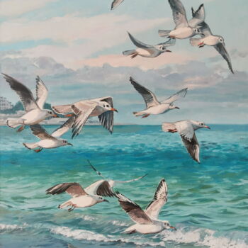 Malerei mit dem Titel "Seagulls. Sea." von Tatiana Pavlova, Original-Kunstwerk, Öl