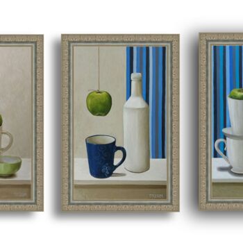 Painting titled "Triptych with green…" by Tatiana Popova, Original Artwork, Oil Mounted on Wood Stretcher frame