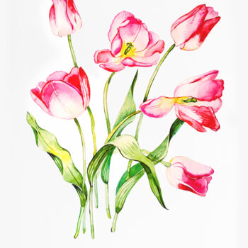Painting titled "Red Tulips" by Tatiana Repesciuc, Original Artwork, Watercolor