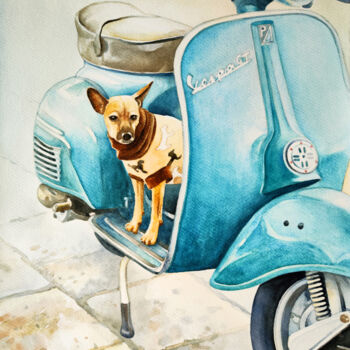 Schilderij getiteld "A Small Dog on a Ve…" door Tatiana Repesciuc, Origineel Kunstwerk, Aquarel