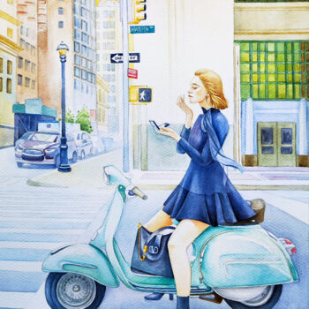 Pintura intitulada "A Girl on a Moped" por Tatiana Repesciuc, Obras de arte originais, Aquarela