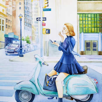 Painting titled "A Girl on a Moped" by Tatiana Repesciuc, Original Artwork, Watercolor