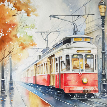 Peinture intitulée "Prague Tram" par Tatiana Repesciuc, Œuvre d'art originale, Aquarelle