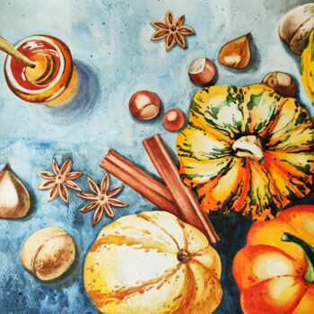 Painting titled "Pumpkins and spices" by Tatiana Repesciuc, Original Artwork, Watercolor