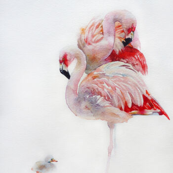 Pintura titulada "Flamingo family" por Tatiana Sereda, Obra de arte original, Acuarela