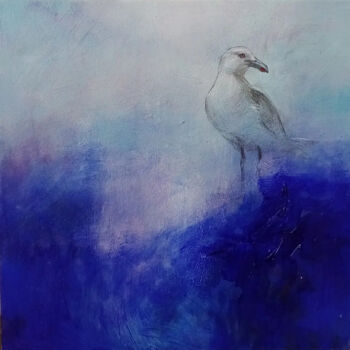 Schilderij getiteld "Seagull on a blue" door Tatiana Tarasova, Origineel Kunstwerk, Acryl Gemonteerd op Frame voor houten br…