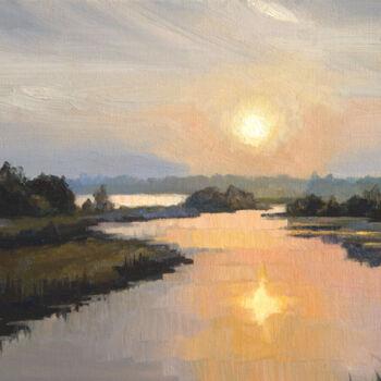 Painting titled "Riverside sunset" by Tatiana Votkal, Original Artwork, Oil
