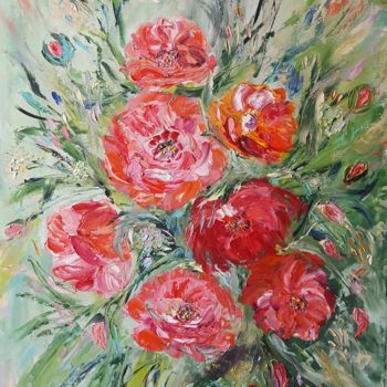 Painting titled "The flowers Poppies" by Tatjana Barova, Original Artwork, Oil