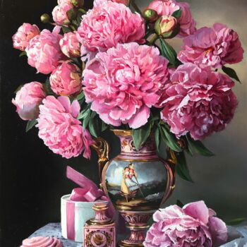 Painting titled "Peonies - pink mood" by Tatjana Cechun, Original Artwork, Oil