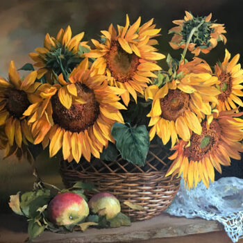 Painting titled "Sunflowers in a bas…" by Tatjana Cechun, Original Artwork, Oil
